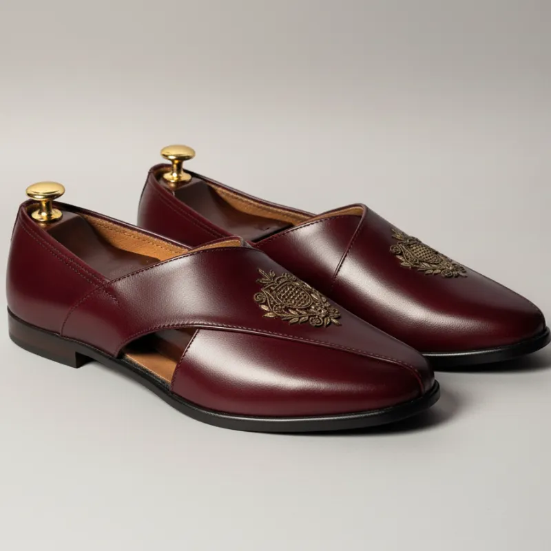 Burgundy Leather Tana Peshawari Loafers | Wedding Shoes for Groom | Shoes for Haldi Mehendi Sangeet sold by Costoso Italiano