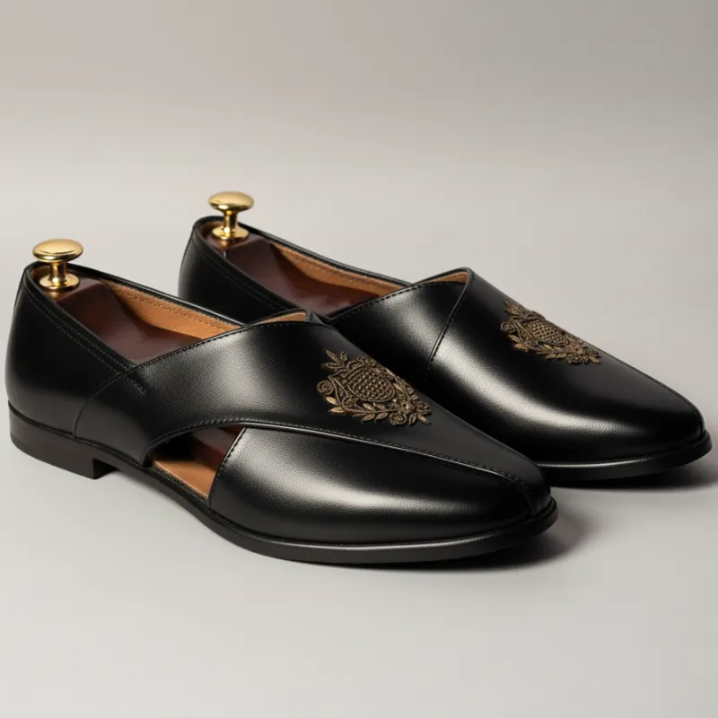 Black Leather Tana Peshawari Loafers | Wedding Shoes for Groom | Shoes for Haldi Mehendi Sangeet sold by Costoso Italiano