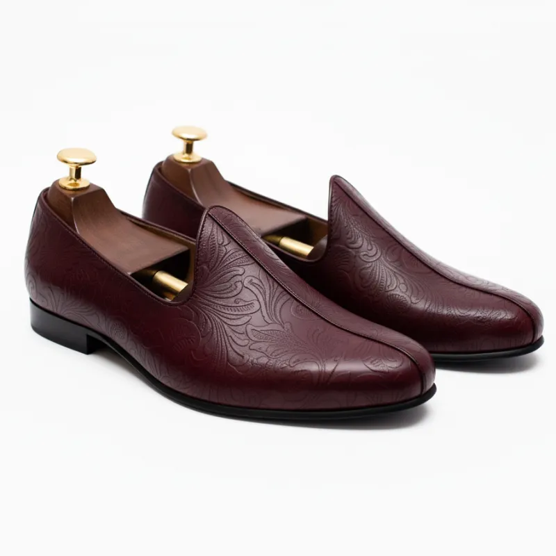 Burgundy Leather Tana Peshawari Jutti Loafers | Wedding Shoes for Groom | Shoes for Haldi Mehendi Sangeet sold by Costoso Italiano