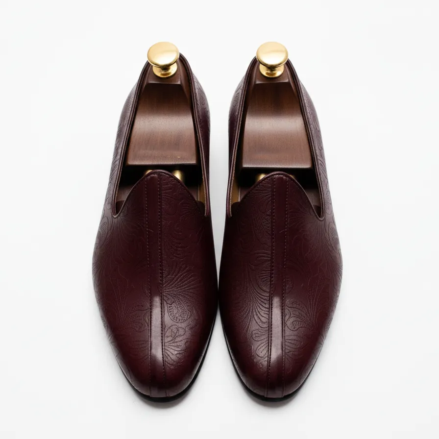 Burgundy Leather Tana Peshawari Jutti Loafers | Wedding Shoes for Groom | Shoes for Haldi Mehendi Sangeet sold by Costoso Italiano product image thumbnail 2