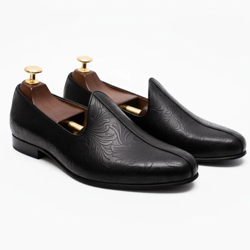 Black Leather Tana Peshawari Jutti Loafers | Wedding Shoes for Groom | Shoes for Haldi Mehendi Sangeet sold by Costoso Italiano