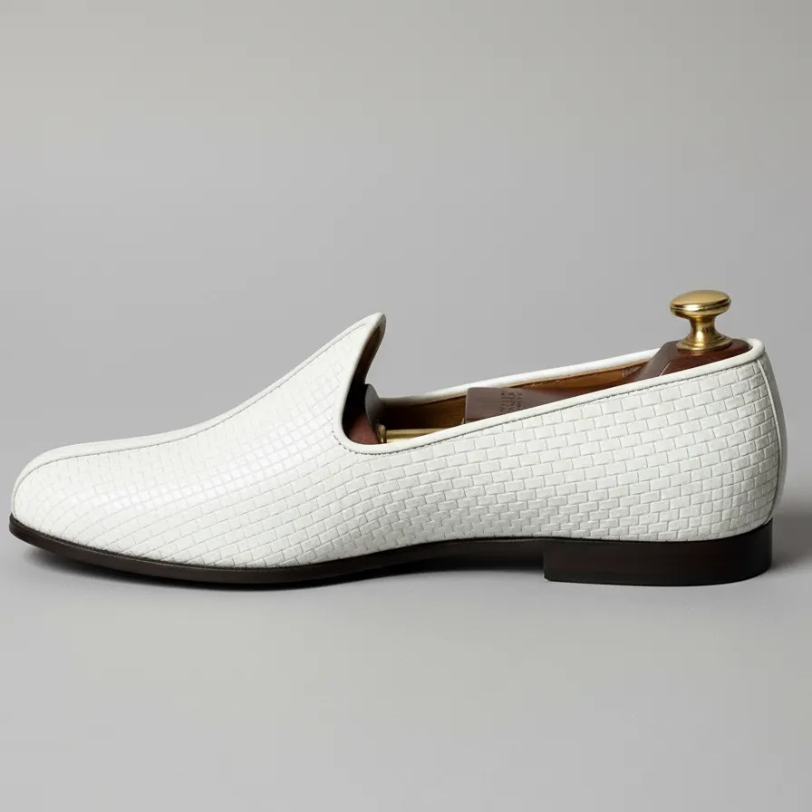White Braided Leather Tana Peshawari Jutti Loafers | Wedding Shoes for Groom | Shoes for Haldi Mehendi Sangeet sold by Costoso Italiano product image thumbnail 4
