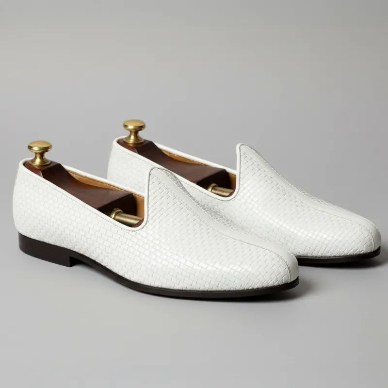 White Braided Leather Tana Peshawari Jutti Loafers | Wedding Shoes for Groom | Shoes for Haldi Mehendi Sangeet sold by Costoso Italiano
