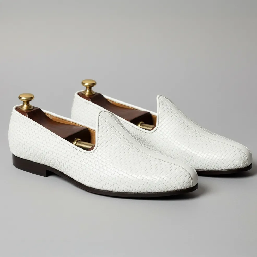 White Braided Leather Tana Peshawari Jutti Loafers | Wedding Shoes for Groom | Shoes for Haldi Mehendi Sangeet sold by Costoso Italiano