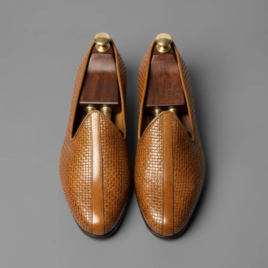 Tan Braided Leather Tana Peshawari Jutti Loafers | Wedding Shoes for Groom | Shoes for Haldi Mehendi Sangeet sold by Costoso Italiano product image thumbnail 3