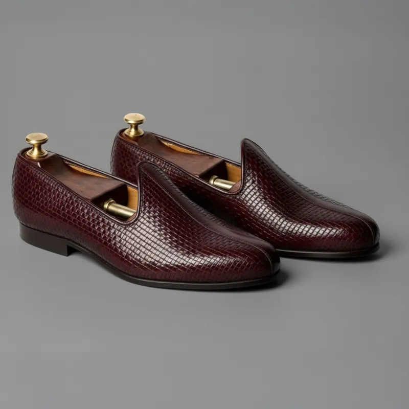 Burgundy Braided Leather Tana Peshawari Jutti Loafers | Wedding Shoes for Groom | Shoes for Haldi Mehendi Sangeet sold by Costoso Italiano