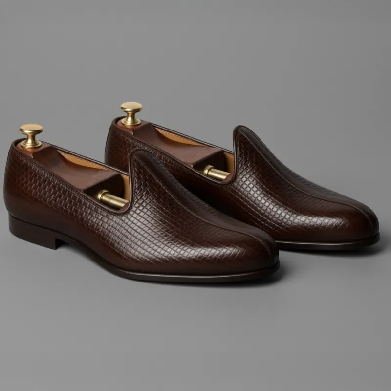 Burgundy Braided Leather Tana Peshawari Jutti Loafers | Wedding Shoes for Groom | Shoes for Haldi Mehendi Sangeet sold by Costoso Italiano