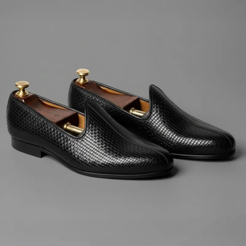 Black Braided Leather Tana Peshawari Jutti Loafers | Wedding Shoes for Groom | Shoes for Haldi Mehendi Sangeet sold by Costoso Italiano