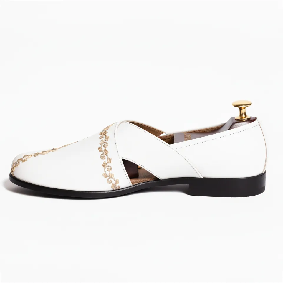 White Leather Tana Peshawari Hand Embroidered Zardozi Loafers | Wedding Shoes for Groom | Shoes for Haldi Mehendi Sangeet sold by Costoso Italiano product image thumbnail 4