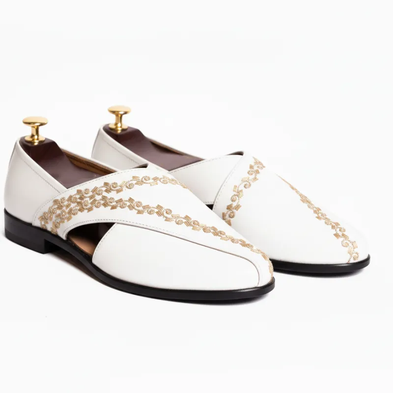 White Leather Tana Peshawari Hand Embroidered Zardozi Loafers | Wedding Shoes for Groom | Shoes for Haldi Mehendi Sangeet sold by Costoso Italiano
