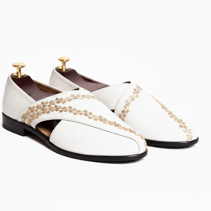 White Leather Tana Peshawari Hand Embroidered Zardozi Loafers | Wedding Shoes for Groom | Shoes for Haldi Mehendi Sangeet sold by Costoso Italiano