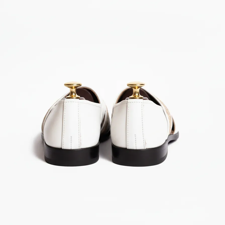 White Leather Tana Peshawari Hand Embroidered Zardozi Loafers | Wedding Shoes for Groom | Shoes for Haldi Mehendi Sangeet sold by Costoso Italiano product image thumbnail 2