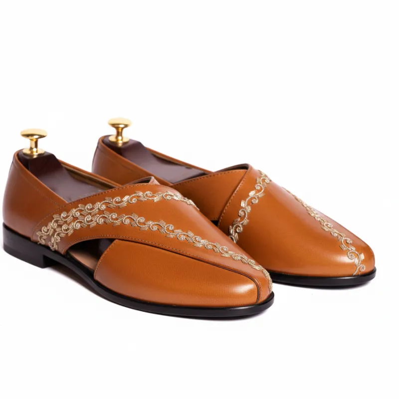 Tan Leather Tana Peshawari Hand Embroidered Zardozi Loafers | Wedding Shoes for Groom | Shoes for Haldi Mehendi Sangeet sold by Costoso Italiano
