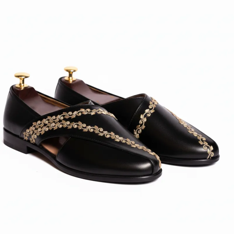Black Leather Tana Peshawari Hand Embroidered Zardozi Loafers | Wedding Shoes for Groom | Shoes for Haldi Mehendi Sangeet sold by Costoso Italiano