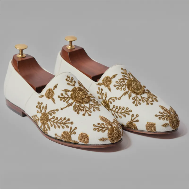 White Velvet Tana Peshawari Hand Embroidered Zardozi Loafers | Wedding Shoes for Groom | Shoes for Haldi Mehendi Sangeet sold by Costoso Italiano