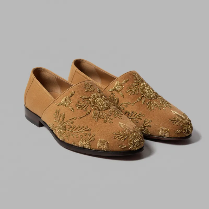 Tan Velvet Tana Peshawari Hand Embroidered Zardozi Loafers | Wedding Shoes for Groom | Shoes for Haldi Mehendi Sangeet sold by Costoso Italiano