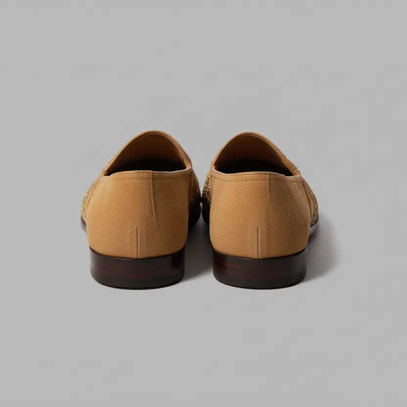 Tan Velvet Tana Peshawari Hand Embroidered Zardozi Loafers | Wedding Shoes for Groom | Shoes for Haldi Mehendi Sangeet sold by Costoso Italiano product image thumbnail 4