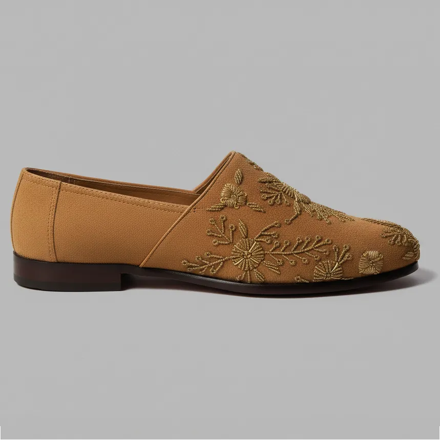 Tan Velvet Tana Peshawari Hand Embroidered Zardozi Loafers | Wedding Shoes for Groom | Shoes for Haldi Mehendi Sangeet sold by Costoso Italiano product image thumbnail 2