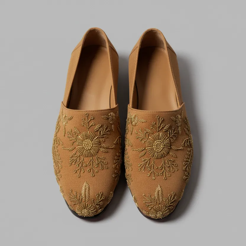 Tan Velvet Tana Peshawari Hand Embroidered Zardozi Loafers | Wedding Shoes for Groom | Shoes for Haldi Mehendi Sangeet sold by Costoso Italiano product image thumbnail 3