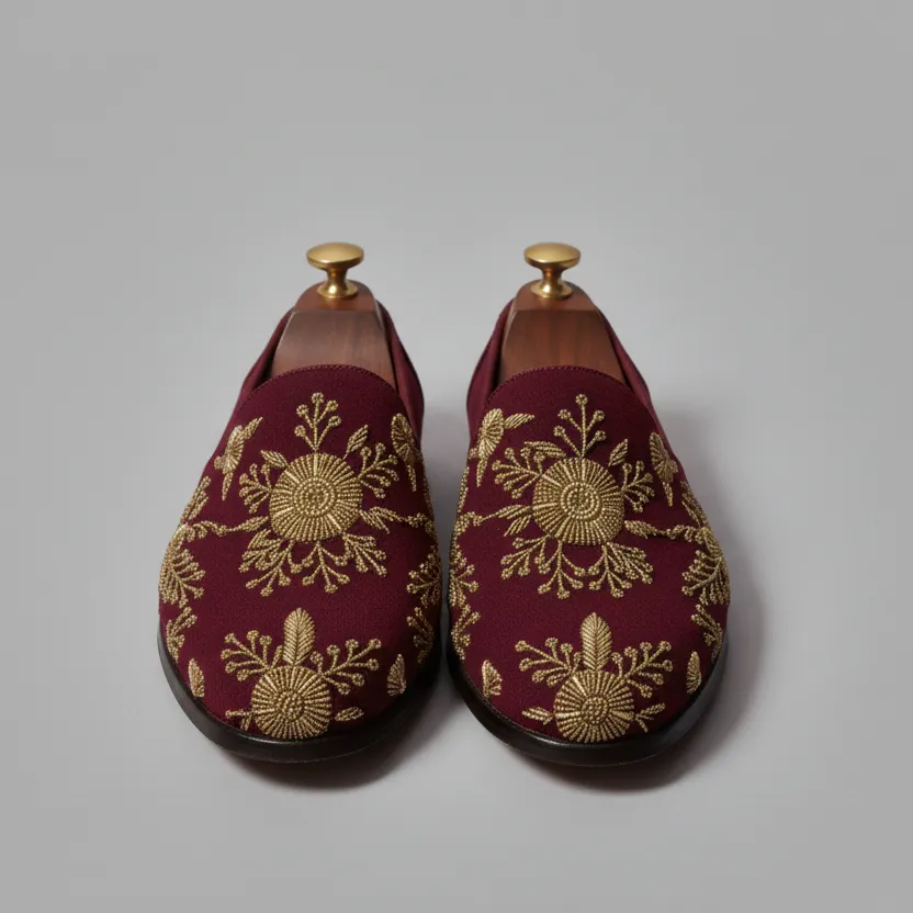 Burgundy Velvet Tana Peshawari Hand Embroidered Zardozi Loafers | Wedding Shoes for Groom | Shoes for Haldi Mehendi Sangeet sold by Costoso Italiano product image thumbnail 4