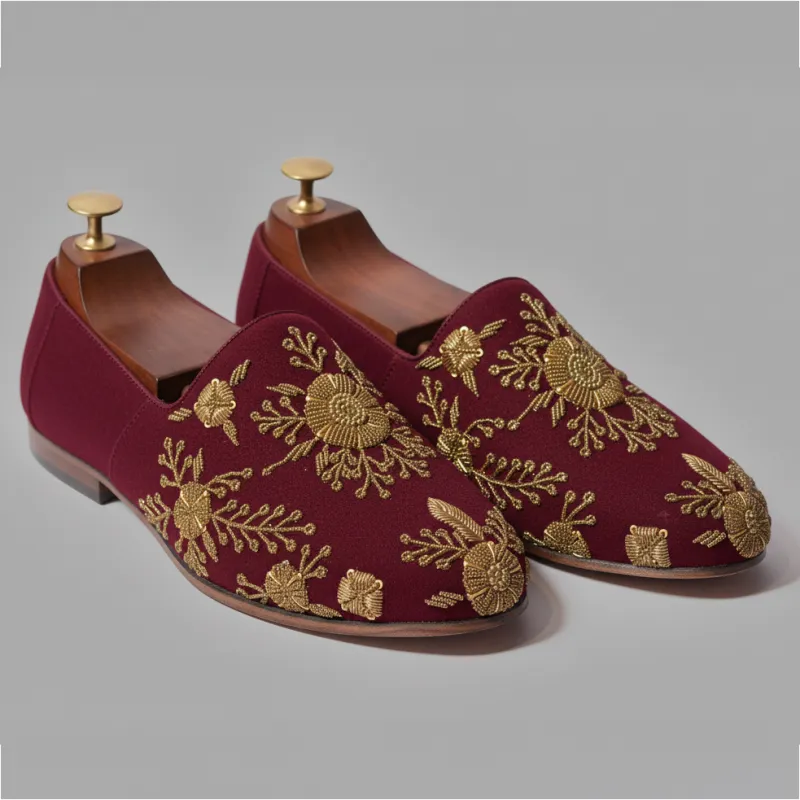 Burgundy Velvet Tana Peshawari Hand Embroidered Zardozi Loafers | Wedding Shoes for Groom | Shoes for Haldi Mehendi Sangeet sold by Costoso Italiano