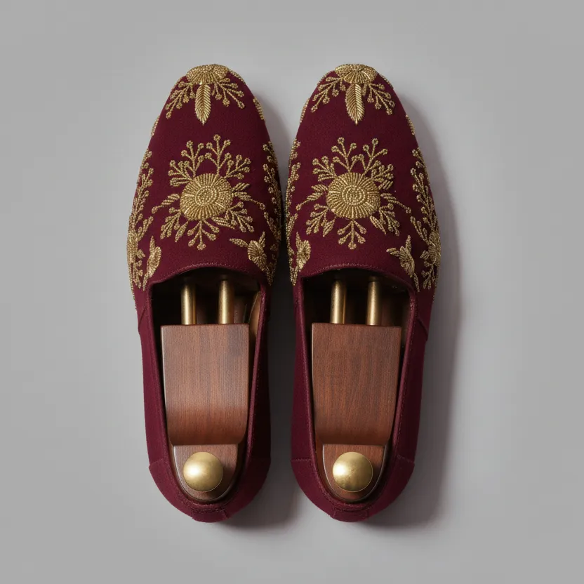 Burgundy Velvet Tana Peshawari Hand Embroidered Zardozi Loafers | Wedding Shoes for Groom | Shoes for Haldi Mehendi Sangeet sold by Costoso Italiano product image thumbnail 5