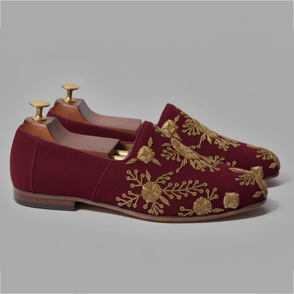 Burgundy Velvet Tana Peshawari Hand Embroidered Zardozi Loafers | Wedding Shoes for Groom | Shoes for Haldi Mehendi Sangeet sold by Costoso Italiano product image thumbnail 3