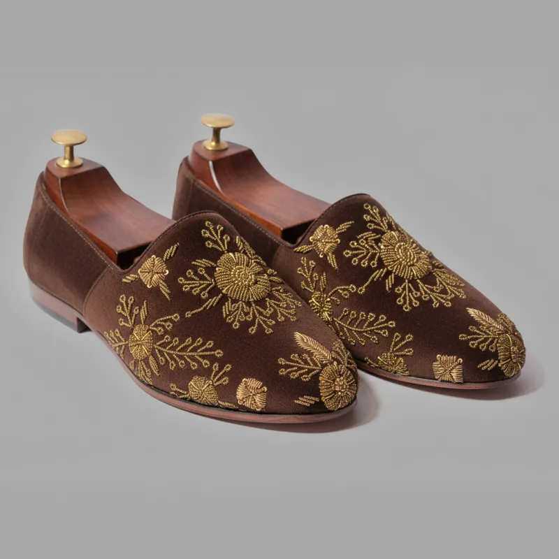 Brown Velvet Tana Peshawari Hand Embroidered Zardozi Loafers | | Wedding Shoes for Groom | Shoes for Haldi Mehendi Sangeet sold by Costoso Italiano