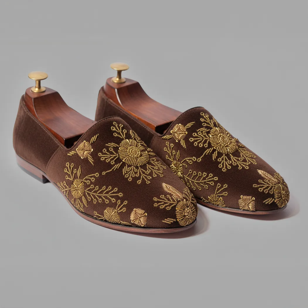 Brown Velvet Tana Peshawari Hand Embroidered Zardozi Loafers | | Wedding Shoes for Groom | Shoes for Haldi Mehendi Sangeet sold by Costoso Italiano