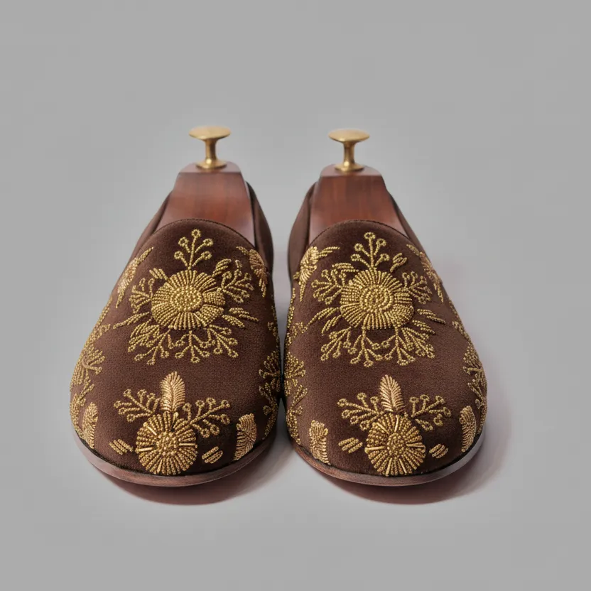 Brown Velvet Tana Peshawari Hand Embroidered Zardozi Loafers | | Wedding Shoes for Groom | Shoes for Haldi Mehendi Sangeet sold by Costoso Italiano product image thumbnail 3