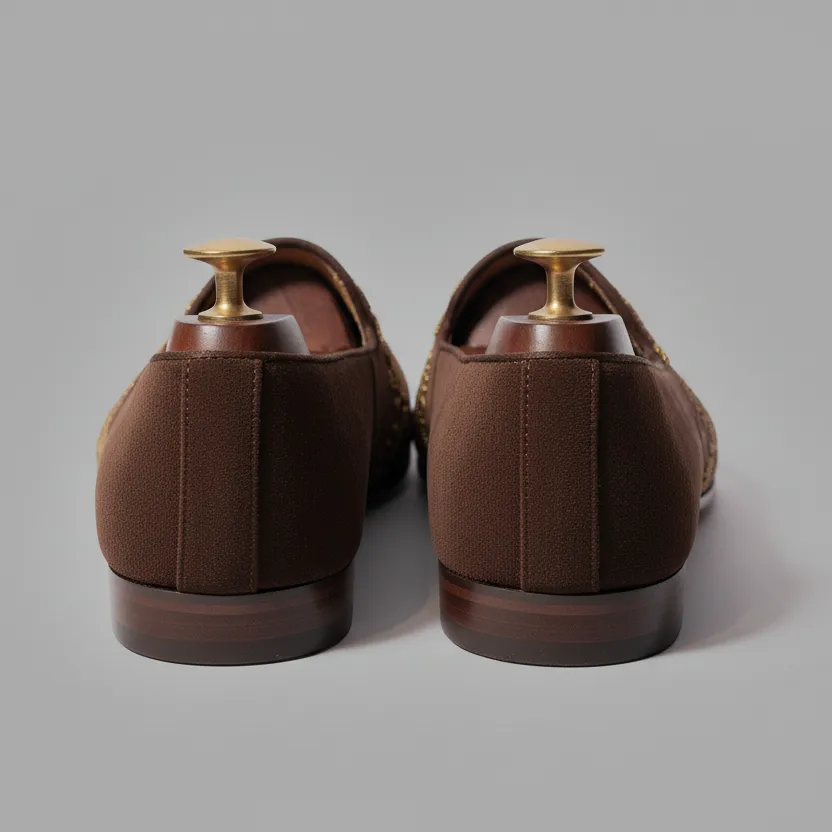 Brown Velvet Tana Peshawari Hand Embroidered Zardozi Loafers | | Wedding Shoes for Groom | Shoes for Haldi Mehendi Sangeet sold by Costoso Italiano product image thumbnail 4