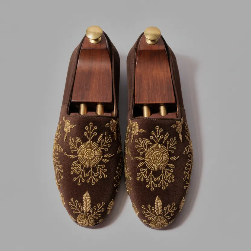 Brown Velvet Tana Peshawari Hand Embroidered Zardozi Loafers | | Wedding Shoes for Groom | Shoes for Haldi Mehendi Sangeet sold by Costoso Italiano product image thumbnail 5