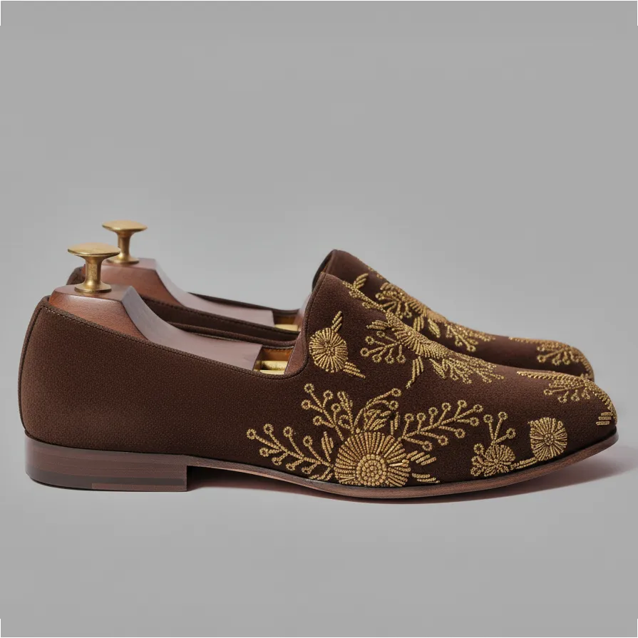 Brown Velvet Tana Peshawari Hand Embroidered Zardozi Loafers | | Wedding Shoes for Groom | Shoes for Haldi Mehendi Sangeet sold by Costoso Italiano product image thumbnail 2