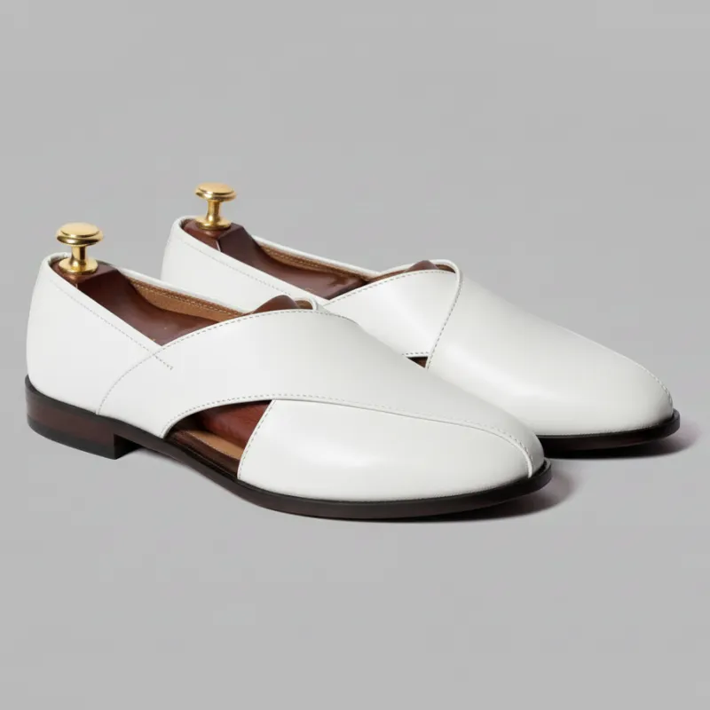 White Leather Tana Peshawari Loafers | Wedding Shoes for Groom | Shoes for Haldi Mehendi Sangeet sold by Costoso Italiano