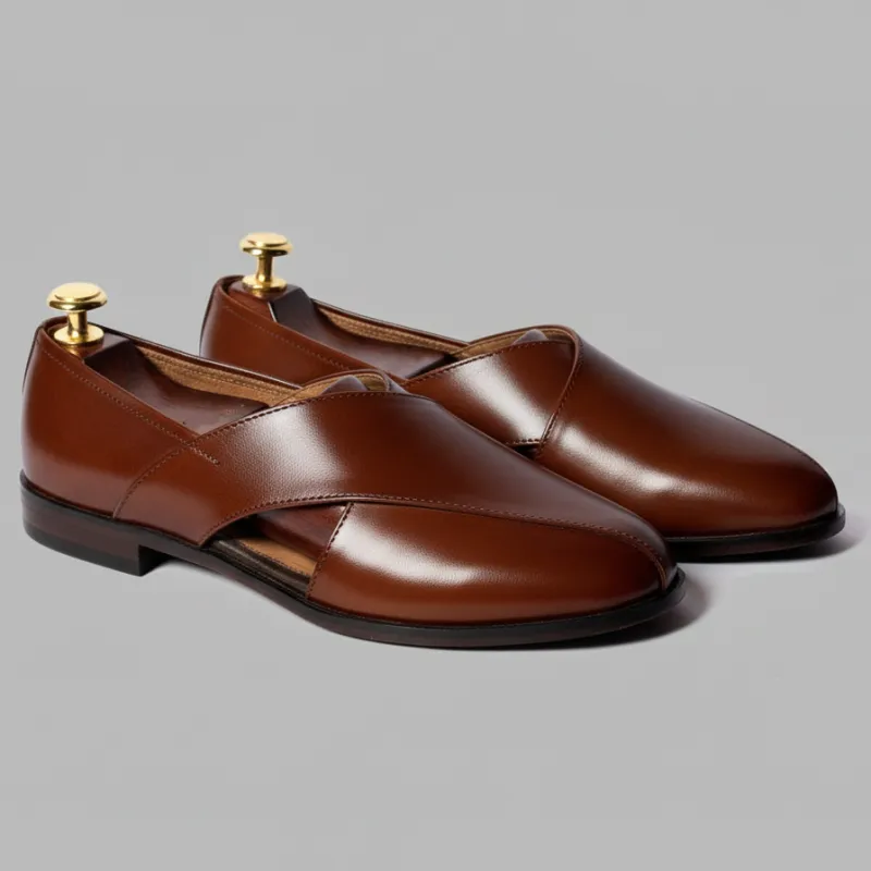Brown Leather Tana Peshawari Loafers | Wedding Shoes for Groom | Shoes for Haldi Mehendi Sangeet sold by Costoso Italiano