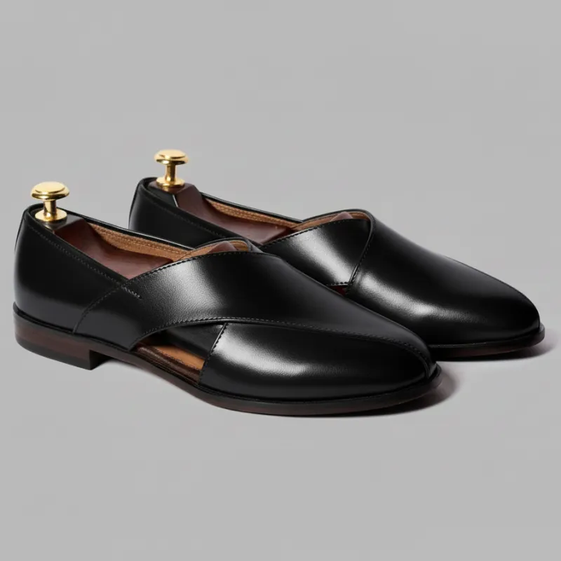 Black Leather Tana Peshawari Loafers | Wedding Shoes for Groom | Shoes for Haldi Mehendi Sangeet sold by Costoso Italiano