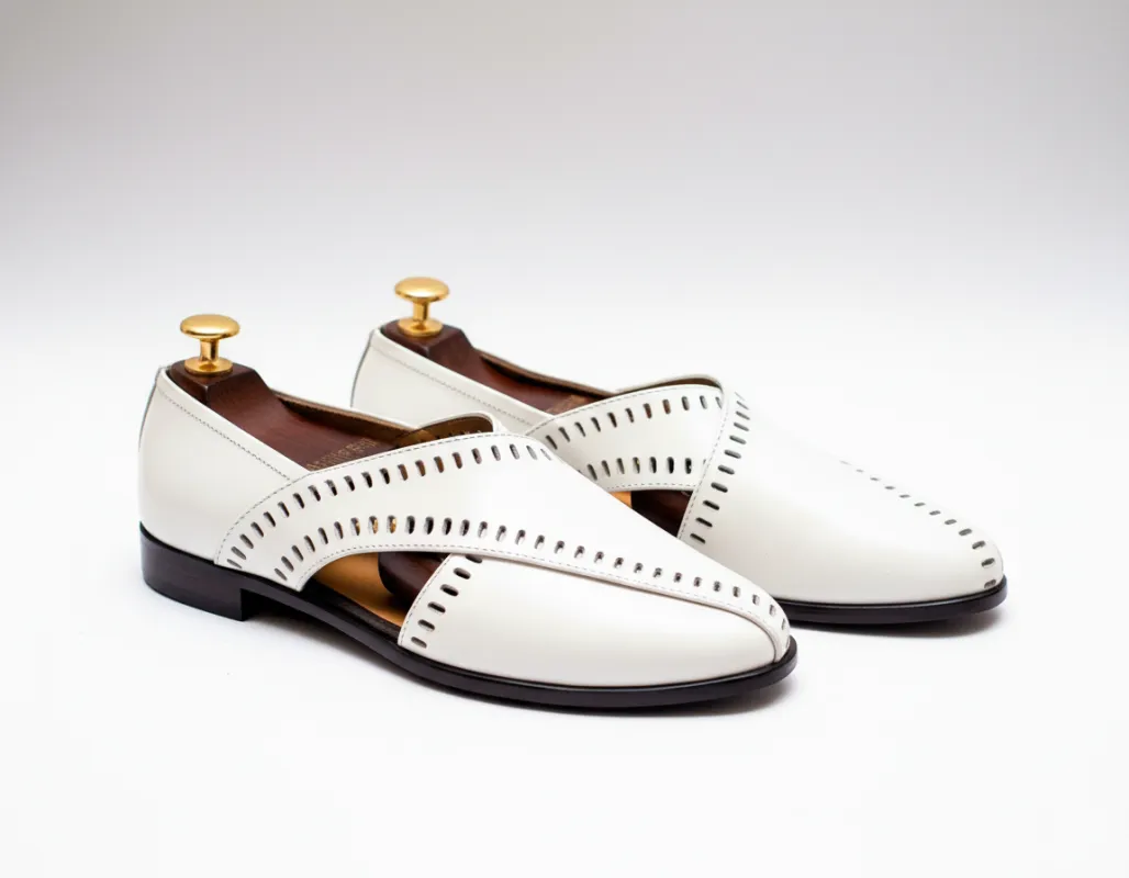 White Leather Tana Peshawari Loafers | Wedding Shoes for Groom | Shoes for Haldi Mehendi Sangeet sold by Costoso Italiano