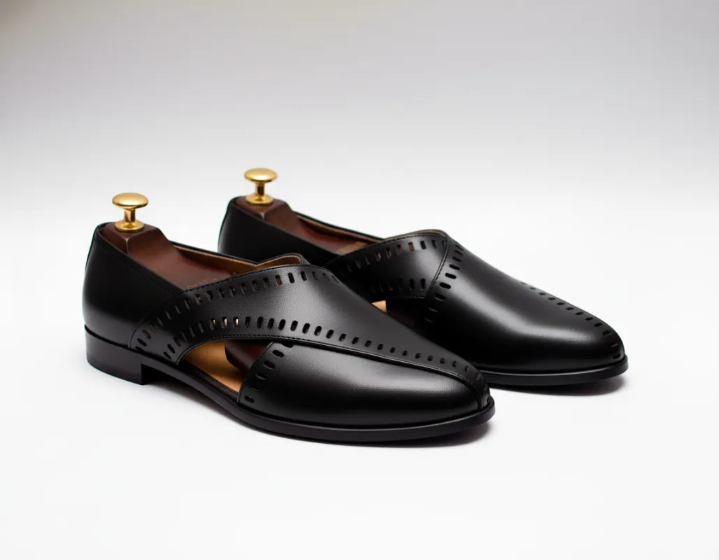 Black Leather Tana Peshawari Loafers | Wedding Shoes for Groom | Shoes for Haldi Mehendi Sangeet sold by Costoso Italiano