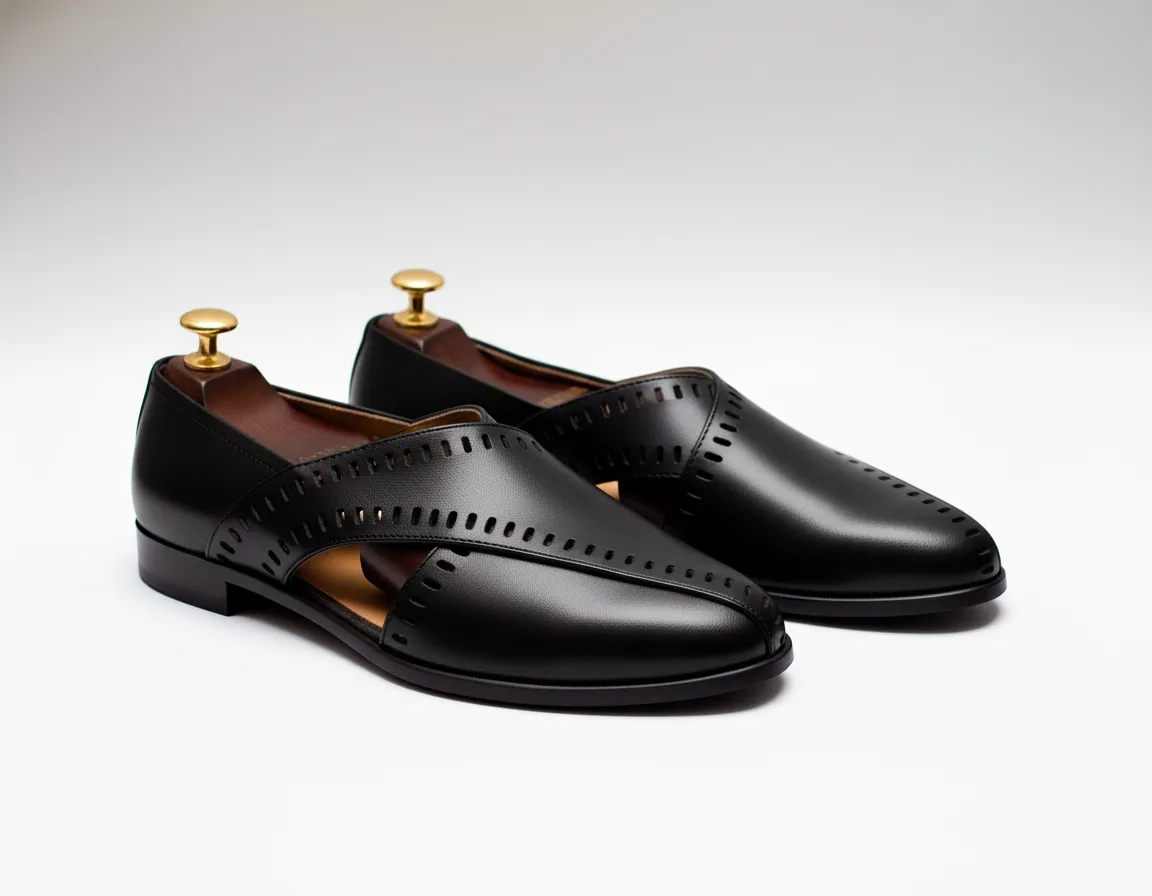 Black Leather Tana Peshawari Loafers | Wedding Shoes for Groom | Shoes for Haldi Mehendi Sangeet sold by Costoso Italiano