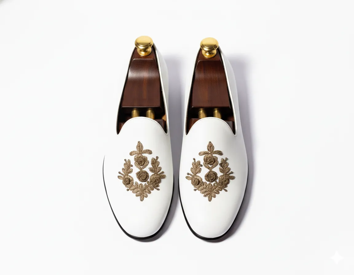 White Leather Tana Peshawari Loafers | Wedding Shoes for Groom | Shoes for Haldi Mehendi Sangeet sold by Costoso Italiano product image thumbnail 2