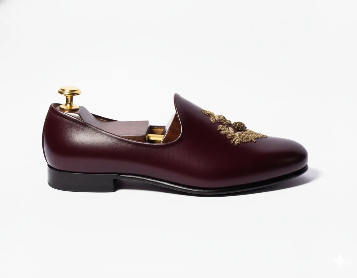 Burgundy Leather Tana Peshawari Loafers | Wedding Shoes for Groom | Shoes for Haldi Mehendi Sangeet sold by Costoso Italiano product image thumbnail 4