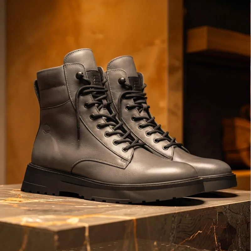 Grey Leather Elvio Combat Boot sold by Costoso Italiano