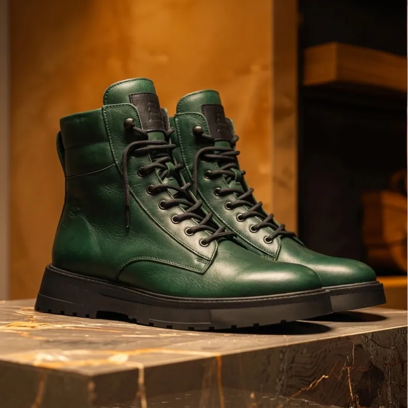 Green Leather Elvio Combat Boot sold by Costoso Italiano