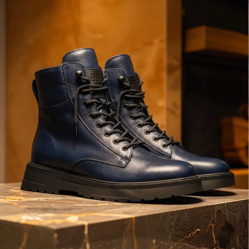 Blue Leather Elvio Combat Boot sold by Costoso Italiano
