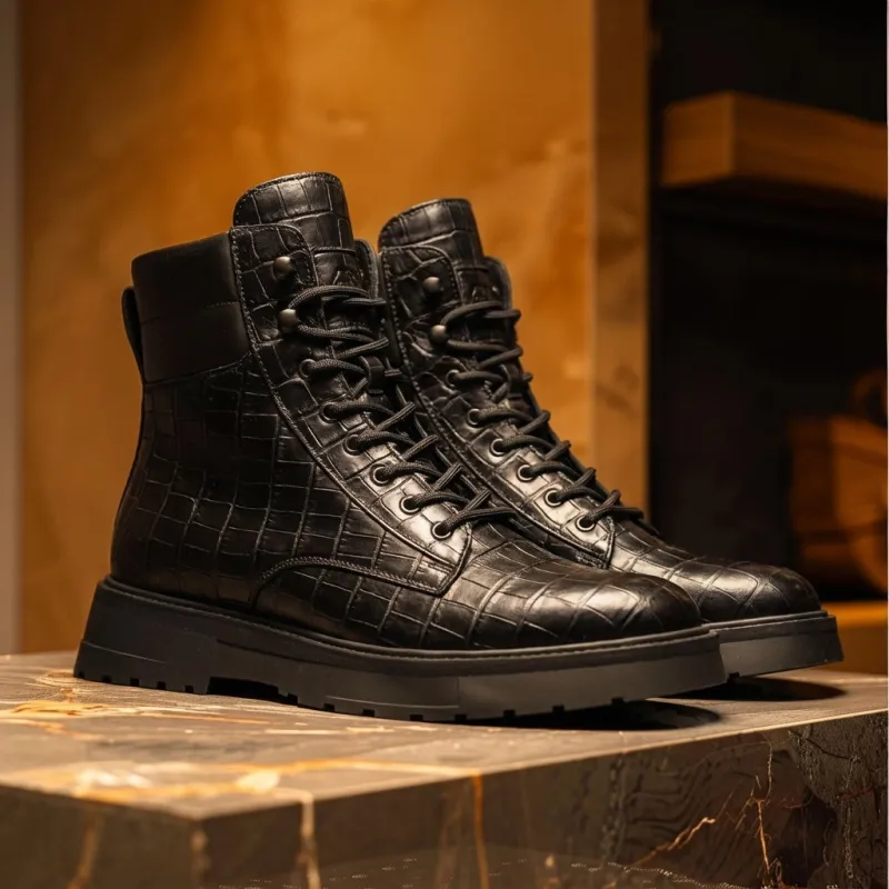 Black Croc Print Leather Elvio Combat Boot sold by Costoso Italiano