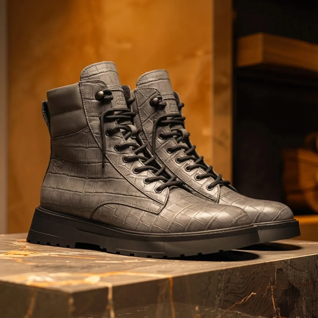 Grey Croc Print Leather Elvio Combat Boot sold by Costoso Italiano