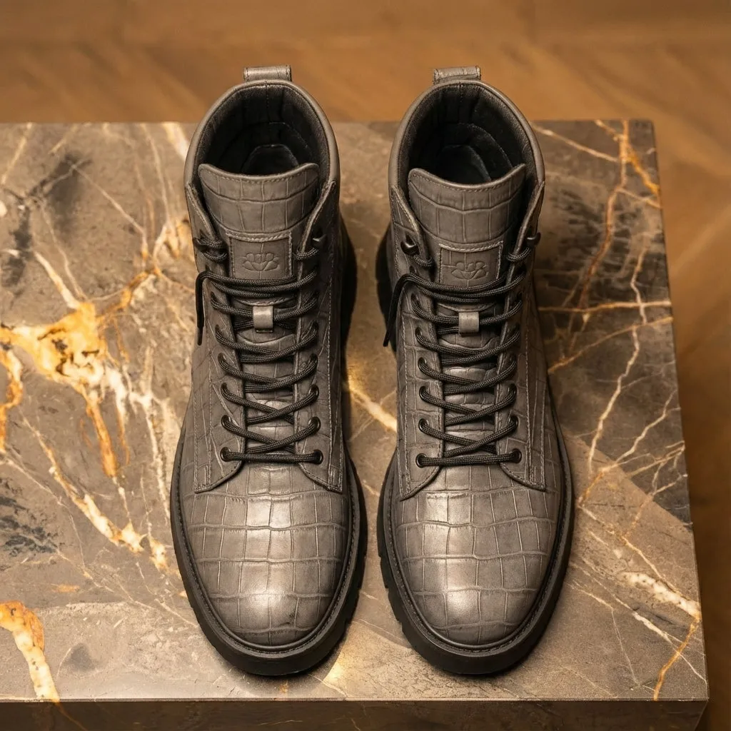 Grey Croc Print Leather Elvio Combat Boot sold by Costoso Italiano product image thumbnail 5