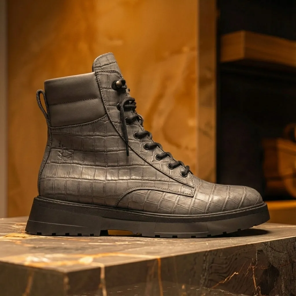Grey Croc Print Leather Elvio Combat Boot sold by Costoso Italiano product image thumbnail 2