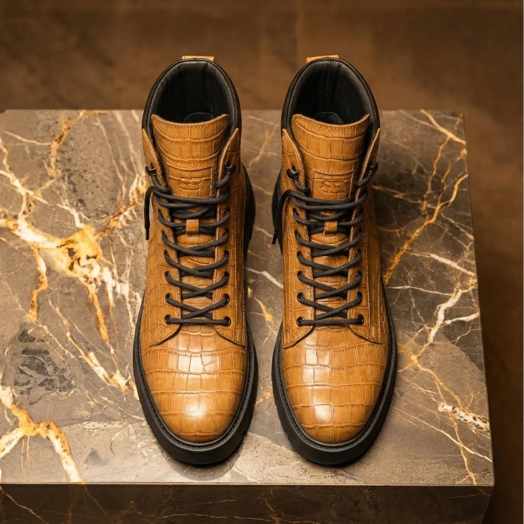 Tan Croc Print Leather Elvio Combat Boot sold by Costoso Italiano product image thumbnail 3