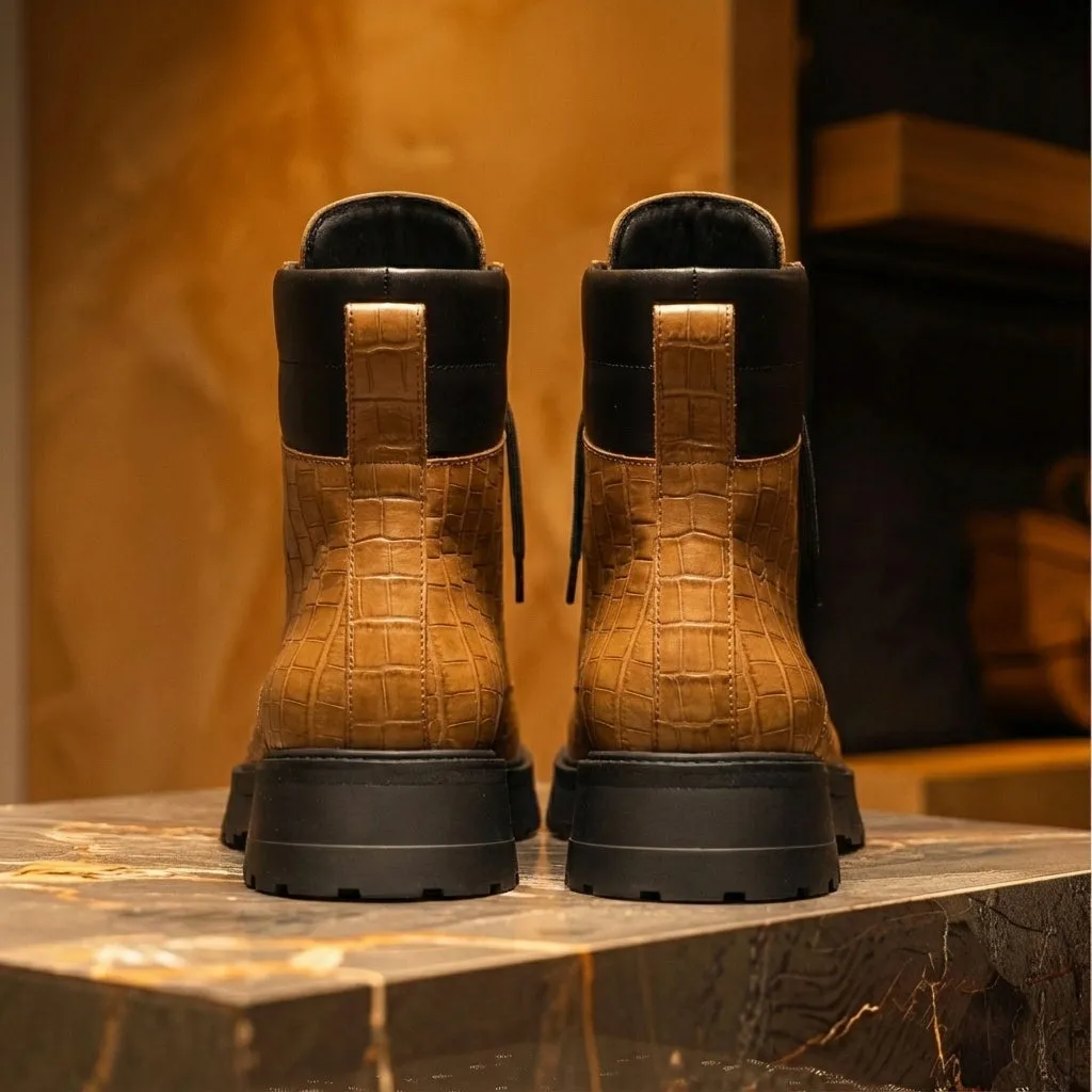 Tan Croc Print Leather Elvio Combat Boot sold by Costoso Italiano product image thumbnail 4